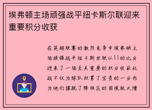 埃弗顿主场顽强战平纽卡斯尔联迎来重要积分收获